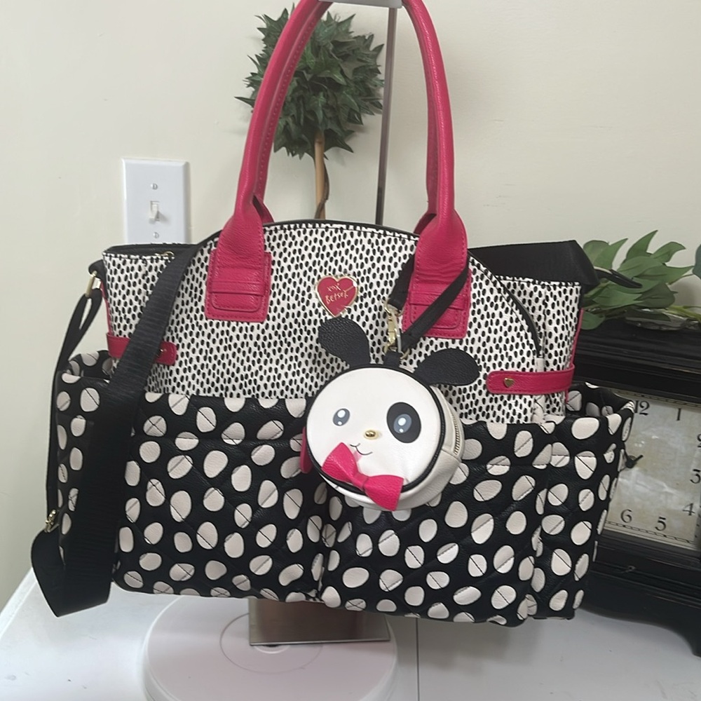 Betsey Johnson Black & White Polka Dot Handbag, coin purse bag attachment